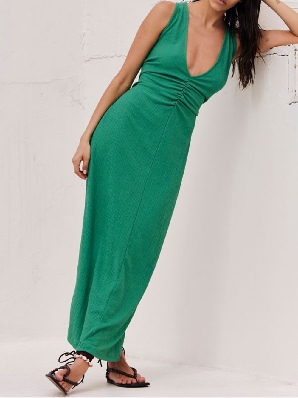 Free People Beach Lyla Midi Dress Ruched Plunge Boho Coastal Green Goddess